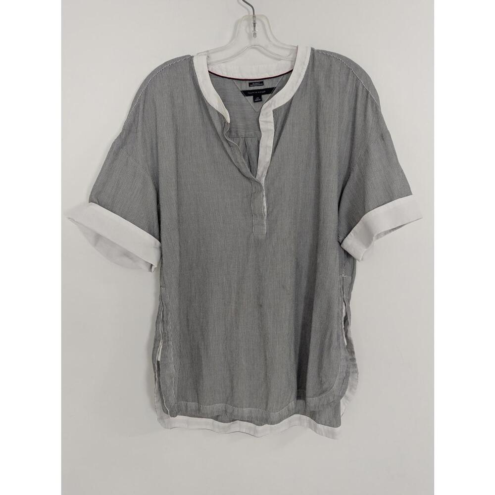 Tommy Hilfiger Women's Striped Blouse Size Large 100% Cotton Old Money Oversized